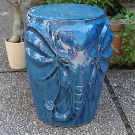 International Caravan Wild Elephant Drum Ceramic Garden Stool, Navy Blue Glaze OPG-064-NV